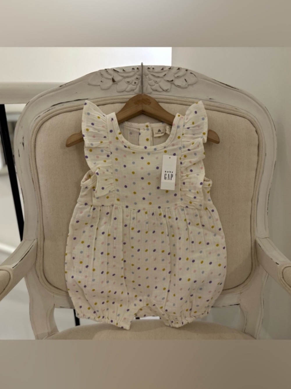 🤍 6~12 Mth GAP Ruffled Romper with Yellow and Purple Polka Dots 100% Cotton NWT
